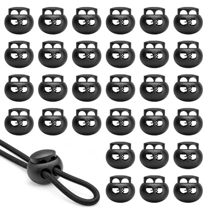 30 PCS Black Plastic Spring Cord Lock Toggle, Double Hole Drawstring Cord Lock Stopper Fastener Slider for Paracord, Shoelace Lock, Elastic Rope, Lanyard, Hoodies and Bags