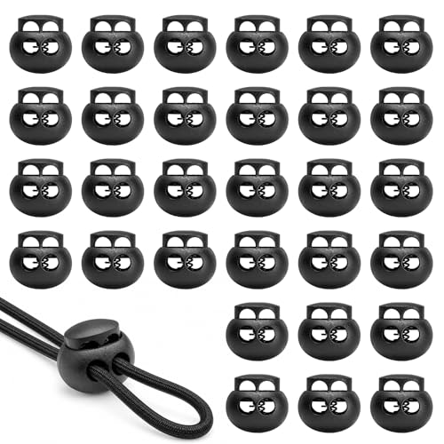 30 PCS Black Plastic Spring Cord Lock Toggle, Double Hole Drawstring Cord Lock Stopper Fastener Slider for Paracord, Shoelace Lock, Elastic Rope, Lanyard, Hoodies and Bags