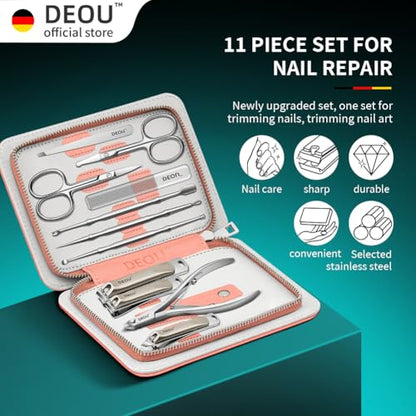 DEOU Professional Nail Set 11 in 1 stainless steel home care nail clippers, men's luxury travel leather storage box, women's beauty kit (Pink) - color: Pink