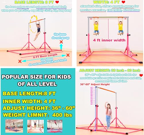Marfula Gymnastic Bar For Kid and Teenage of 3-25, 5Ft/8 FT Base Length 4Ft Width 5Ft Adjust Height, Gymnastic Kip Bar For Gymnast, Gymnastic Training Equipment For Professional Training Home Club Use - color: Pink (Bar with Mat - 8 Ft Base)