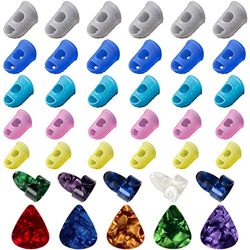 AUGSUN 30pcs Silicone Guitar Finger Guards 5 Sizes Fingertip Protectors | Finger Covers Caps, With picks, For Acoustic Stringed Instruments Players, Sew Embroidery Use, Anti Slip Pain Relief