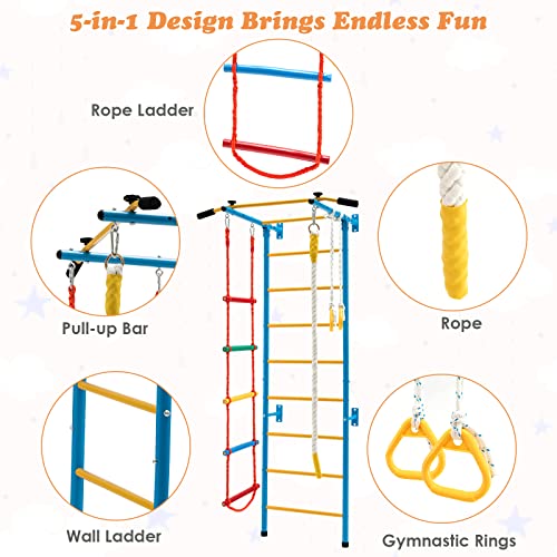 Costzon 5 in 1 Climbing Toys for Toddlers, Indoor Kids Gym for Exercise, Steel Ladder Wall Set with Wall Ladder, Pull-up Bar, Rope, Gymnastic Rings, Solid Wall Set up, Climber Ladder Boys Girls Gift - style: 5-in-1 Climbing Toys