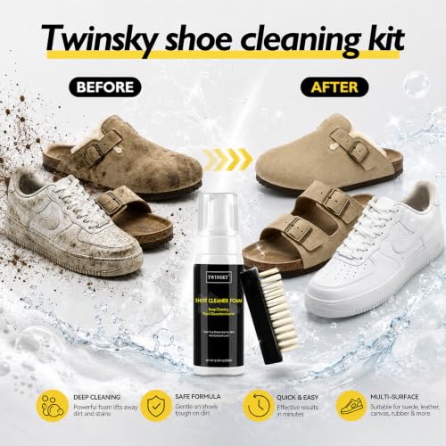 6-in-1 Shoe Cleaning Kit,Compatible with Birkenstock, with Plant-Based Foam, Deodorizing Spray, 3 Brushes & Microfiber Towel, for Sneaker, Leather, Nubuck, Boot, Suede, Athletic Shoes,etc