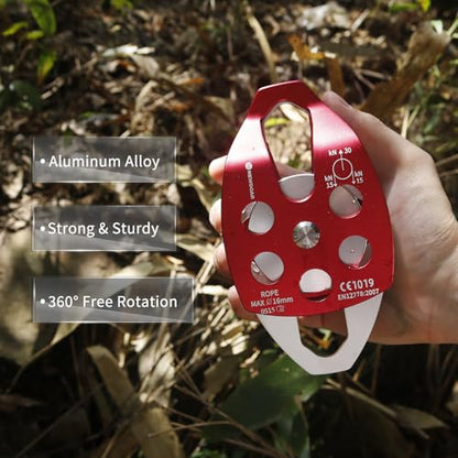 NewDoar 30 KN CE Certified Large Rescue Pulley Single/Double Sheave with Swing Plate - color: Double Pulley - Red 1pcs