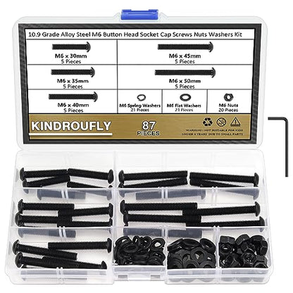 87 Pieces Black M6 x 30/35 /40/45 /50 mm Button Head Socket Cap Screws Nuts Washers Assortment Kit, 10.9 Grade Alloy Steel - size: M6 x 30/35/40/45/50mm, style: Button Head