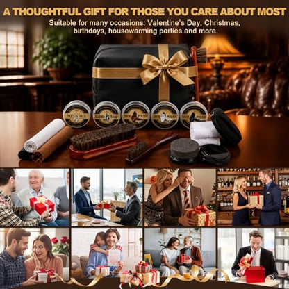 16-in-1 Shoe Polish Kit, Leather Shine Care Cleaning Kit, Black Brown Neutral Shoe Polish, Saddle Soap Mink Oil for Boots, 3 Horsehair Brushes, Sponges, Cloth with Travel Bag, Gift for Men Women