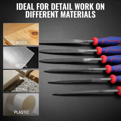 WORKPRO 6-Piece Needle File Set, Mini Precision Files for Metal, Wood & Plastic | Carbon Steel Files with Non-Slip Handles for Precise Filing of Metal, Wood, Plastic, Jewelry, Crafts, and DIY Projects - size: 6-Piece Needle File Set
