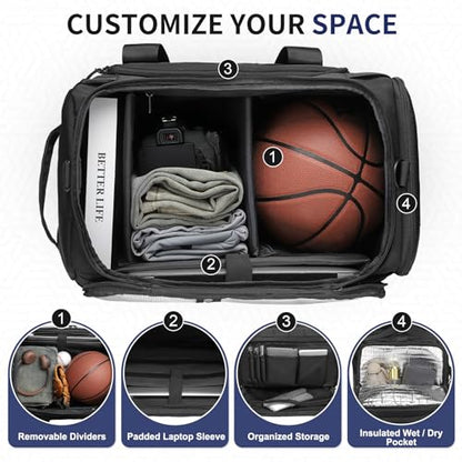 45L Convertible Duffel Backpack, 3 in 1 Gym Bag with Laptop Sleeve, Wet Pockets & Insulated Bottom, Black - color: Black, size: 45L