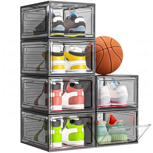 Sturdy Clear Shoe Organizer with Magnetic Door, Stackable Shoe Storage Box | Thick Plastic Shoe Storage for Sneakers & Boots, Collapsible Closet Shoe Rack and Clear Shoe Box, 6 Pack Black - color: Black, size: 6 pcs