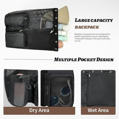 Beach Backpack with Wet Pocket Drawstring Mesh Beach Bag Waterproof Swimming Pool Backpack for Men and Women - color: Black