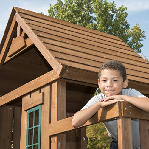 Swing-N-Slide WS 8352 Knightsbridge Ultimate Wooden Swing Set with Slide, Play Set, Monkey Bars, Climbing Wall, Wood Roof, Picnic Table & Glider, Wood, Green - size: Knightsbridge Ultimate