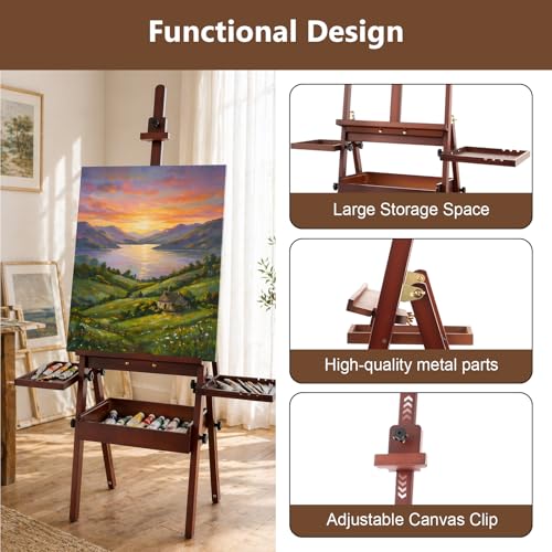 Wooden H-Frame Studio Easel with Storage Drawer and Palettes, Walnut | Solid Beechwood Painting Easel for Students, Beginners, and Artists, Hold Canvas to 36Inches High - style: Side Trays Walnut