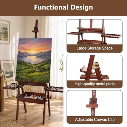 Wooden H-Frame Studio Easel with Storage Drawer and Palettes, Walnut | Solid Beechwood Painting Easel for Students, Beginners, and Artists, Hold Canvas to 36Inches High - style: Side Trays Walnut