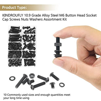 148 Pieces Black M6 x 8/10 /12/16 /20/25 /30mm Button Head Socket Cap Screws Nuts Washers Assortment Kit, 10.9 Grade Alloy Steel - size: M6, style: Button Head