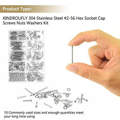 252 Pieces #2-56 x 3/16", 1/4", 5/16", 3/8", 1/2", 5/8", 3/4", 1", Hex Socket Head Cap Screws Nuts Washers Assortment Kit, 304 Stainless Steel, Fully Machine Thread - size: #2-56, style: Socket Head