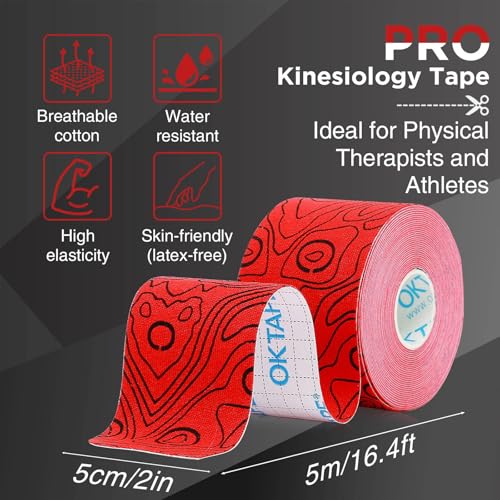 OK TAPE PRO Kinesiology Tape Uncut Roll, Elastic Physical Therapy Athletic Tape for Pain Relief, Muscle Support, Kinetic Tape, Water Resistant, 2in X 16.4ft -Red | 2 Inch Athletic Tape for Pain Relief, Muscle Support, Kinetic Tape, Water Resistant, 16.4Fe