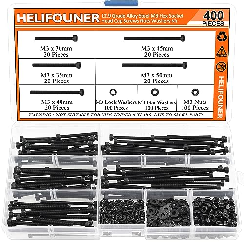 HELIFOUNER 400 Pieces M3 x 30mm /35mm /40mm /45mm /50mm, Hex Socket Head Cap Metric Screws Bolts Washers Nuts Kit, 12.9 Grade Alloy Steel, Fully Threaded, Black - size: M3 x 30/35/40/45/50mm, style: Socket Head