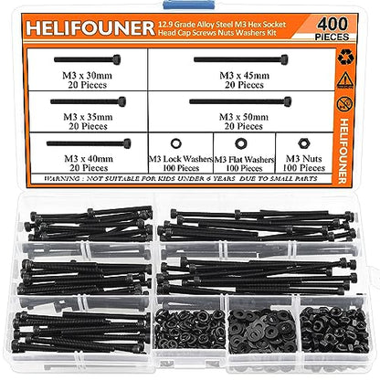 HELIFOUNER 400 Pieces M3 x 30mm /35mm /40mm /45mm /50mm, Hex Socket Head Cap Metric Screws Bolts Washers Nuts Kit, 12.9 Grade Alloy Steel, Fully Threaded, Black - size: M3 x 30/35/40/45/50mm, style: Socket Head