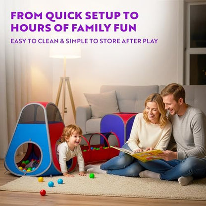 Playz 4pc Pop Up Play Tent and Tunnel Bundle for Toddlers and Kids - Indoor & Outdoor Playhouse with Storage Bag, Red & Blue