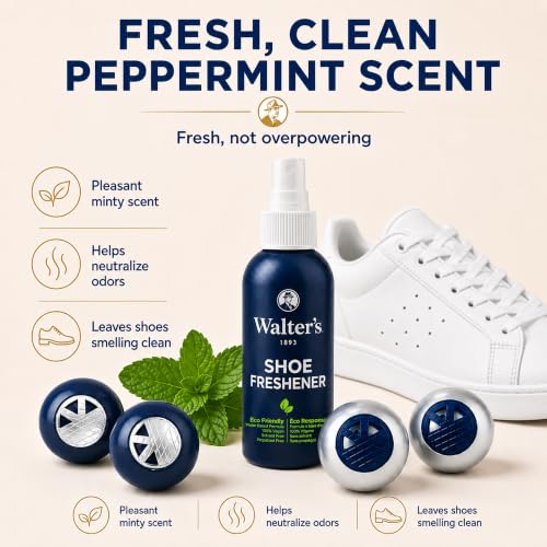 Shoe Deodorizer Spray & Odor Eliminator Kit - Shoe Spray for Smelly Shoes, Feet & Gym Bags | Peppermint Scent | Odor Removal & Shoe Cleaning Solution | 4 fl oz Spray + 2 Pairs of Deodorizer Balls