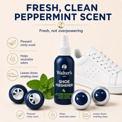 Shoe Deodorizer Spray & Odor Eliminator Kit - Shoe Spray for Smelly Shoes, Feet & Gym Bags | Peppermint Scent | Odor Removal & Shoe Cleaning Solution | 4 fl oz Spray + 2 Pairs of Deodorizer Balls