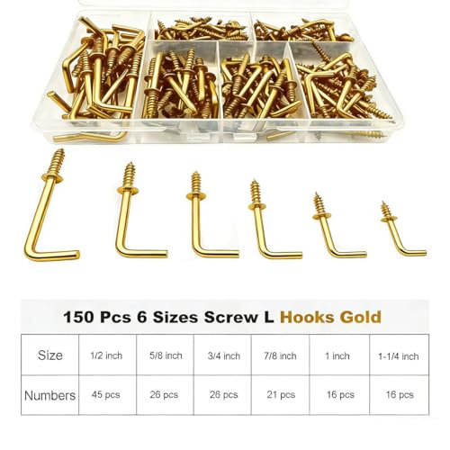 150 PCS 7 Shaped Right Angle Screw Hooks Sets,Gold 6 Sizes Screw in L Shaped Hooks for Hanging Lamp,Plants,Decorations,kitchenware and DIY Crafts,(1/2",5/8",3/4",7/8",1",1-1/4") - size: Gold 6sizes 150pcs