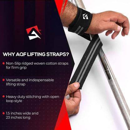 AQF Weight Lifting Straps, Padded Cotton Gym Wrist Straps for Deadlifts | 23" Extra-Long, Heavy-Duty Webbing, 5mm Neoprene Cushioning, Open-Loop Design, Sold as Pair, Ideal for Rows & Pull Workout - color: Black & Grey
