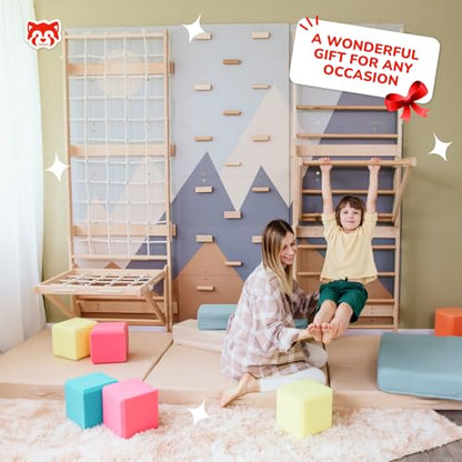 Wood And Hearts 4in1 Modular Swedish Wall Gym Set for Kids Indoor Active Play – Wooden Swedish Ladder with Adjustable Pull-Up Bar, Rope Climbing Wall & Rock Climbing Panels (Base Set + Sit-Up Bar) - style: Base Set + Sit-Up Bar