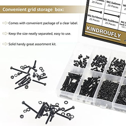 562 Pieces Black M2.5 x 4/6 /8/10 /12/16 /20mm Hex Socket Head Cap Screws Nuts Washers Assortment Kit, 12.9 Grade Alloy Steel - size: M2.5, style: Socket Head
