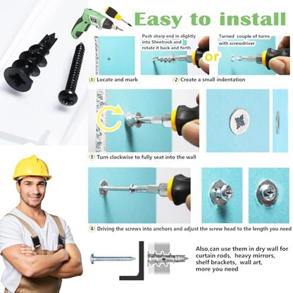 50Pc #8 Black Self Drilling Metal Drywall Anchors Heavy Duty and Screws kit | 25 Heavy Duty Hollow Sheetrock Anchors + 25 #8 1-1/4'' Screw, No Pre Drill Hole Required - Hold 75lbs for Hanging or Mounting