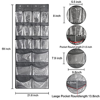 Extra Large Hanging Over Door Shoe Organizer, Closet Shoe Rack - 12+6 Crystal Pockets, 4 Hooks, Black (59"x 21.6") - color: B-black&Clear