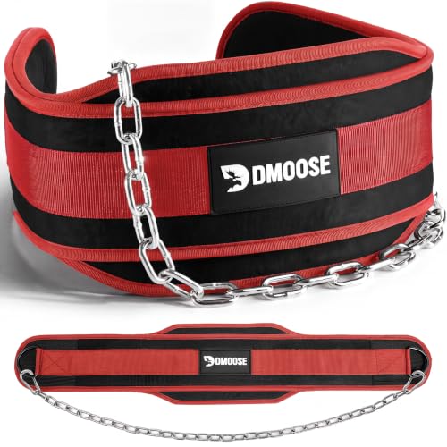 DMoose Fitness Dip Belt for Weight Lifting, Pullup, Squats & Dips - 36" Robust Steel Chain, Comfortable Neoprene Padding Supports 350lbs - Gym Weight Belt for Strength Training Workout & Weightlifting - color: Red