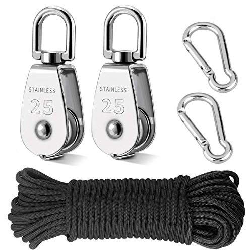 TooTaci 2pcs M25 Crane Pulley Block, Heavy Duty Pulley System for Lifting, 304 Stainless Steel Swivel Hook Single Pulley Wheel with 20M(6mm) Nylon Rope & 2pcs Spring Snap Hook | Heavy Duty Swivel Hook Single Pulley Wheel with 20M(6mm) Nylon Rope & 2pcs Sp