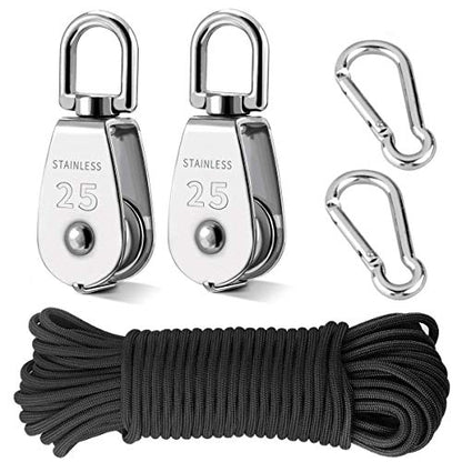 TooTaci 2pcs M25 Crane Pulley Block, Heavy Duty Pulley System for Lifting, 304 Stainless Steel Swivel Hook Single Pulley Wheel with 20M(6mm) Nylon Rope & 2pcs Spring Snap Hook | Heavy Duty Swivel Hook Single Pulley Wheel with 20M(6mm) Nylon Rope & 2pcs Sp