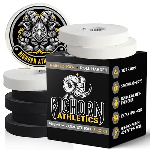 Bighorn Athletics BJJ Finger Tape, 0.5" x 45ft, 8 Rolls, Black/White | Rayon finger tape – 50% stronger than cotton. Residue-free, sweat-proof adhesive for Jiu Jitsu competition & hard training. - color: Black/White Assorted, size: 0.5-Inch
