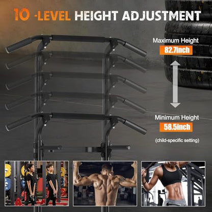 Adjustable Power Tower Pull Up Bar Dip Station, Free Standing Pull Up Rack Dip Station for Home Gym, 400LBS Capacity Height Heavy Duty Multi-Function Home Strength Training Fitness Workout Equipment - color: Black