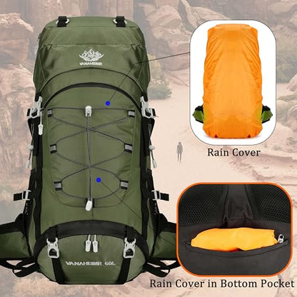 60L Travel Hiking Camping Backpack with Rain Cover, Backpack Water Resistant,Climbing Backpack for Men Women - color: Deep Green