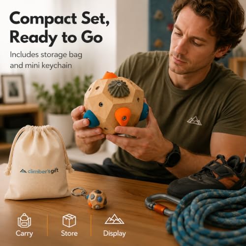 Climber's Gift Wooden Boulder Block Grip Trainer with 12 Resin Holds | Customizable Hold Layout, Portable & Handheld, Includes Canvas Bag, Mini Boulder Keychain, Screws & Tools Included