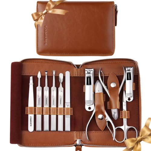 FAMILIFE Manicure Set, 11 in 1 Professional Manicure Kit Nail Clippers Set, Stainless Steel Pedicure Tools Toe Nail Kit, Men Grooming Tool with Portable Brown Leather Travel Case Gifts for Men Women - color: Brown