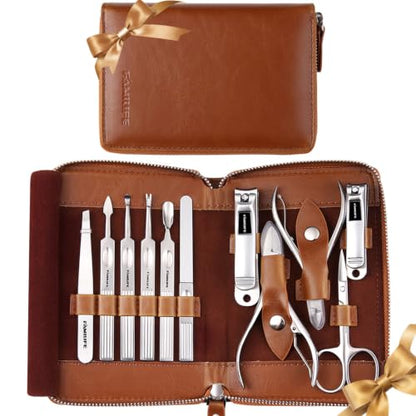 FAMILIFE Manicure Set, 11 in 1 Professional Manicure Kit Nail Clippers Set, Stainless Steel Pedicure Tools Toe Nail Kit, Men Grooming Tool with Portable Brown Leather Travel Case Gifts for Men Women - color: Brown