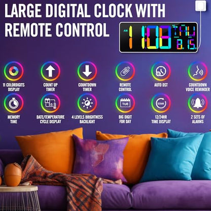Large 13.7" LED Digital Timer（5''Nunmber）, 11 Color Changing, Count Up/Down Timer with Remote Control, Adjustable Brightness Wall Clock for Home, Office, Gym, Elderly, Auto DST - color: 13.7''rgb+remote