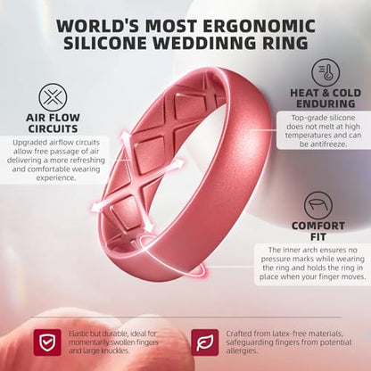 Egnaro Women's Stackable Silicone Rings, 2.5/5.5mm Wide 1.8/2mm Thick Bands | Comfort-Fit Rubber Bands Offer Breathable Flexibility for Nurses, Workouts, Pregnancy, Yoga, Travel, Office, and All-Day Wear - color: SETD3-Metallic Wine Red, Metallic Rose Red