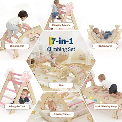 OUTLANE Pikler Triangle Set, 7-in-1 Foldable Wooden Toddler Climbing Toys Indoor, Jungle Gym for Toddlers, Large Montessori Climbing Set with Reversible Slide, Arch Ramp, Ladder & Cushion (Pink) - color: Pink