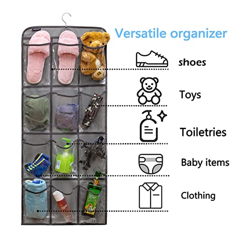Dual Sided Hanging Shoe Organizer for Closet with Rotating Hanger Hanging Shoe Rack Holder with 24 Large Pockets (GREY-Clear Pockets) - color: GREY