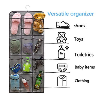 Dual Sided Hanging Shoe Organizer for Closet with Rotating Hanger Hanging Shoe Rack Holder with 24 Large Pockets (GREY-Clear Pockets) - color: GREY