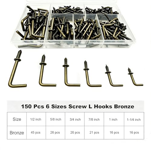 150 PCS 7 Shaped Right Angle Screw Hooks Sets,Bronze 6 Sizes Screw in L Shaped Hooks for Hanging Lamp,Plants,Decorations,kitchenware and DIY Crafts,(1/2",5/8",3/4",7/8",1",1-1/4") - size: Bronze 6sizes 150pcs