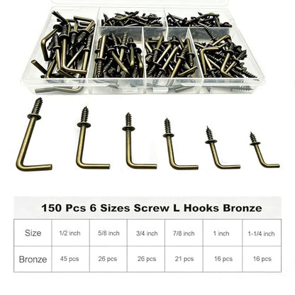 150 PCS 7 Shaped Right Angle Screw Hooks Sets,Bronze 6 Sizes Screw in L Shaped Hooks for Hanging Lamp,Plants,Decorations,kitchenware and DIY Crafts,(1/2",5/8",3/4",7/8",1",1-1/4") - size: Bronze 6sizes 150pcs