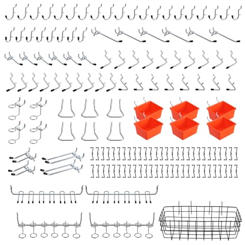 ENJOYWOOD Pegboard Organizer Accessories Kit 155 PCS, Peg Board Hooks Assortment with Bins, Baskets for 1/4 inch Pegboard Wall Organizer, Garage Organization, Workbench, Craft Room, Hanging Tools - style: 155PCS