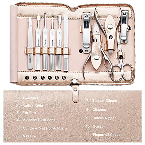 FAMILIFE Gifts for Women, Manicure Set Professional Manicure Kit 11 in 1 Nail Kit Nail Clippers Tools Stainless Steel with Rose Gold Leather Case Travel Sets - color: Gold