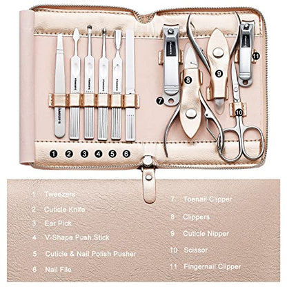 FAMILIFE Gifts for Women, Manicure Set Professional Manicure Kit 11 in 1 Nail Kit Nail Clippers Tools Stainless Steel with Rose Gold Leather Case Travel Sets - color: Gold
